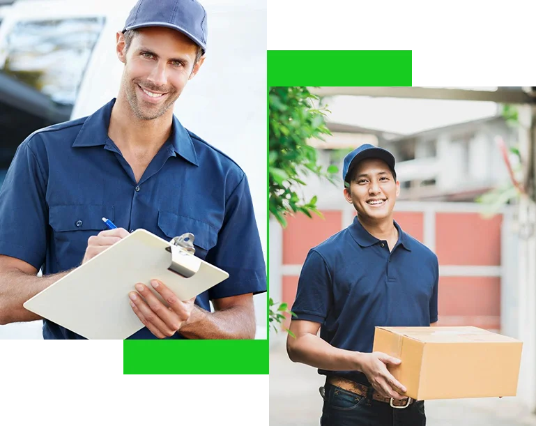 A collage of two men holding boxes and writing on papers.