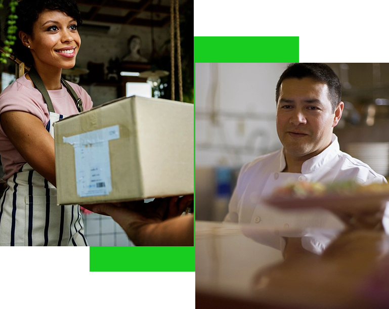 A collage of two pictures with a person holding a box