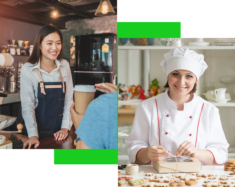 Two women in a kitchen and one woman is making food