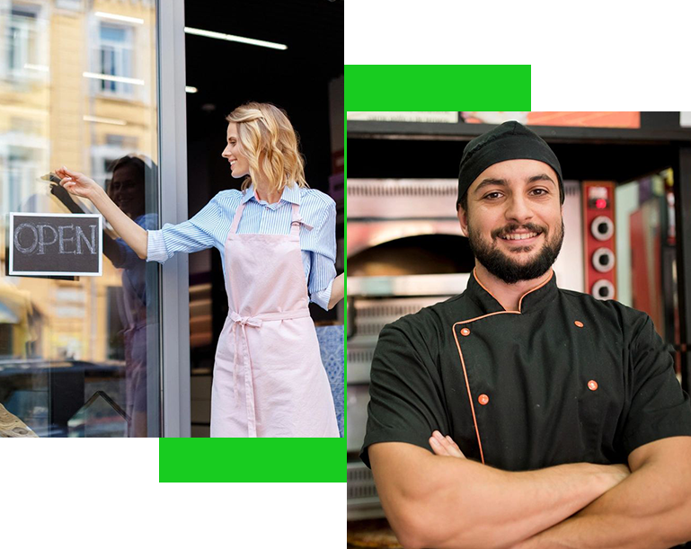 A collage of two photos with a woman and man in front of an oven.