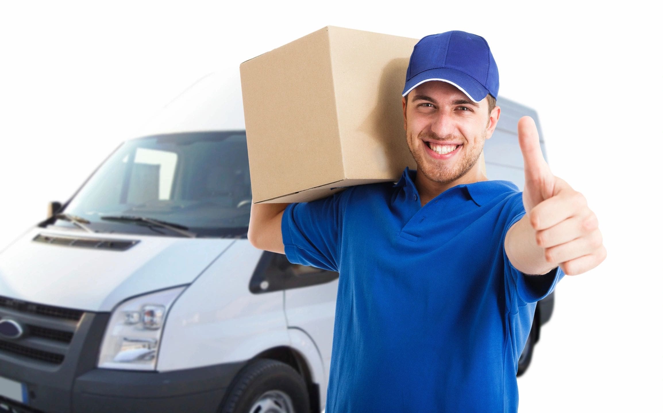 A man holding a box in front of a van.